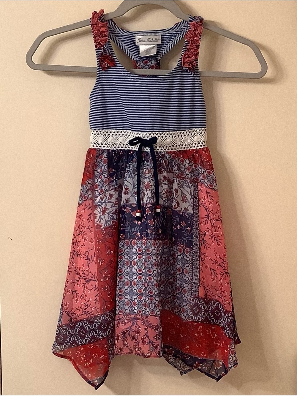 Red White Blue Girls Navy Striped Red Floral Halter Lined Flowy Dress Patriotic